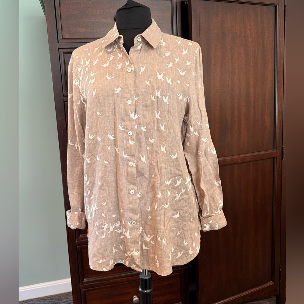 J. Jill Linen Button Up Coastal Resort bird print EUC